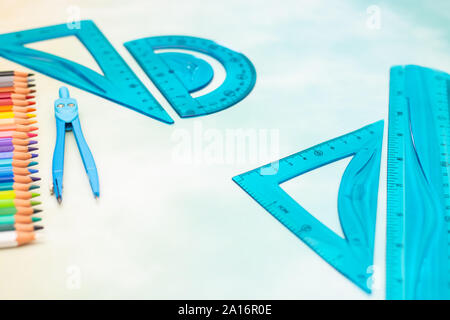 Blue school supplies on the table for boys Stock Photo