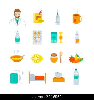 Cold and flu treatment icons. Flat vector concepts for flu season. Doctor's prescription, vaccine, pills, throat and nasal sprays, soup, lemon, vegeta Stock Vector