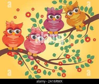 Cute multi-colored owls on a flowering branch of a tree. Spring, summer, postcard, holiday Stock Vector