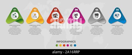 Vector infographic template with triangles and six circles. Business geometric concept with 6 options, parts, steps. Used as timeline, workflow Stock Vector