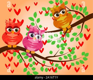 Cute multi-colored owls on a flowering branch of a tree. Spring, summer, postcard, holiday Stock Vector