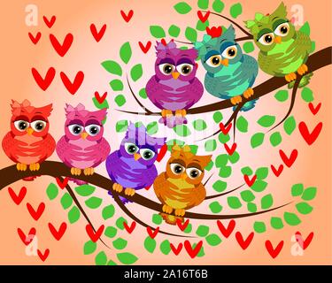 Cute multi-colored owls on a flowering branch of a tree. Spring, summer, postcard, holiday Stock Vector