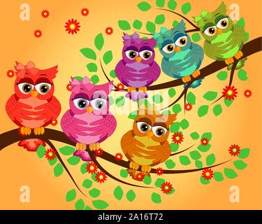 Cute multi-colored owls on a flowering branch of a tree. Spring, summer, postcard, holiday Stock Vector