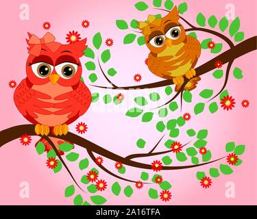 Cute multi-colored owls on a flowering branch of a tree. Spring, summer, postcard, holiday Stock Vector