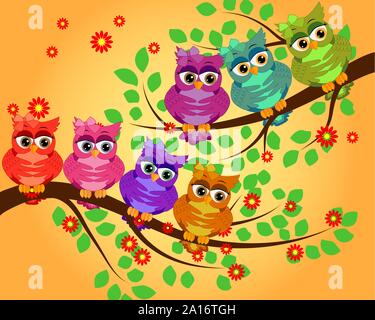 Cute multi-colored owls on a flowering branch of a tree. Spring, summer, postcard, holiday Stock Vector