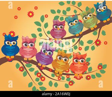 Cute multi-colored owls on a flowering branch of a tree. Spring, summer, postcard, holiday Stock Vector