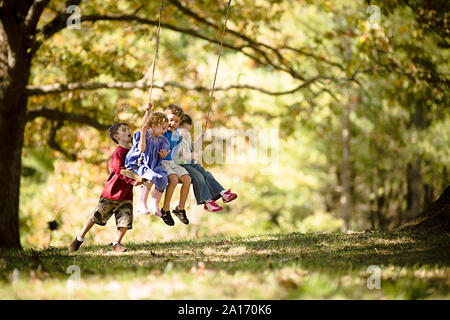 Boy pushing friends on a swing Stock Photo