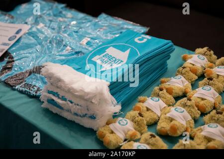 Brexit Party merchandise including scarves and teddy bears on sale during the Brexit Party conference in Newport, Wales, September 2019. Stock Photo