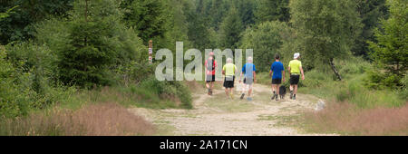 Belgium ,Hohes Venn, 07-07-2019, a group of tourists passing a signpost om a hiking trail in the German-Belgian Mational Park Hohes Venn (Hautes Fagne Stock Photo