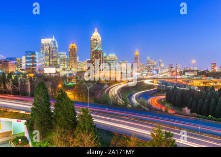 Atlanta, Georgia, USA downtown city skyline over highways at night. Stock Photo