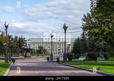 IRKUTSK, RUSSIA - SEPTEMBER 08, 2019: House of Soviets, Government of the Irkutsk Region. Regional Administration building in the center of city and m Stock Photo