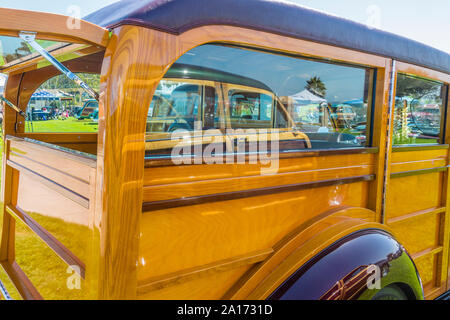 A 1937 Chevrolet Woodie on display at the 19th Annual Woodies at the Beach car show in Santa Barbara, California. Stock Photo