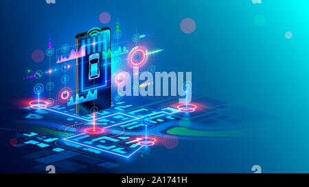Isometric virtual abstract interface of Intelligent car system and gps navigator on hanging screen of smartphone above digital map city. Car sharing Stock Vector