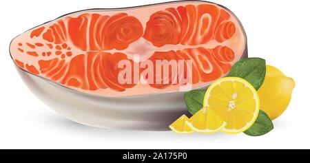 3d realistic fillet salmon with lemon. Meat salmon isolated of white background. Salmon with lemon and green leaf. Slice red fish. Fresh steak salmon Stock Vector