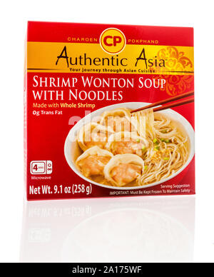 Winneconne, WI - 10 September 2019: A package of Charoen pokhand authentic asia shrimp, wonton soup with noodles on an isolated background. Stock Photo