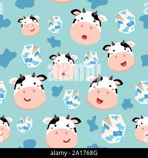 Seamless Pattern Cow and Plain Milk Carton on Spotted Blue Background Stock Vector