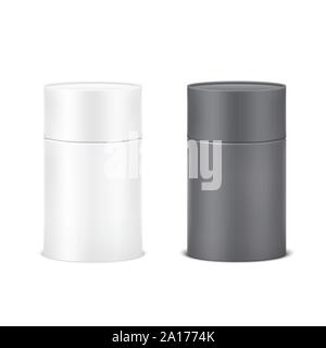 Blank black and white cardboard cylinder box mockup. Paper tube isolated on white background Stock Vector