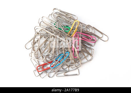 Multi Colored Paperclips on white background Stock Photo