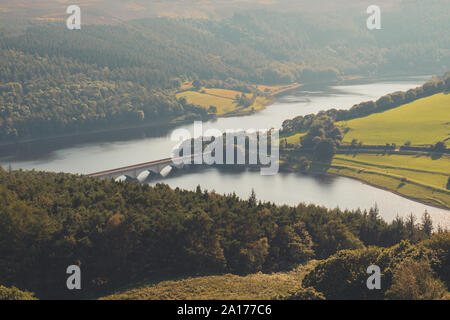 View of the Ladybower Reservoir, Ashopton Viaduct, and Crook Hill in the Derbyshire Peak District National Park, England, UK Stock Photo