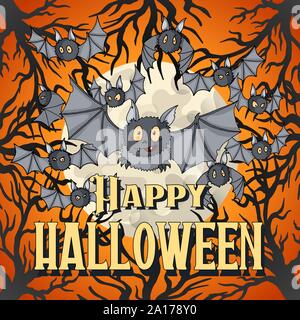 Happy Halloween postcard template. Vampire Bats flying swarm cartoon Character Stock Vector