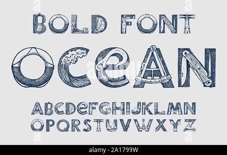 Decorative marine alphabet in ancient style. Waves and the sea in letters. Old Font for labels. Vintage typeface. Editable and layered monogram. Hand Stock Vector