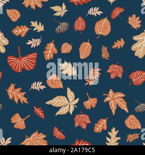 Autumn leaves pattern on dark blue green backgrpound. Vector seamless pattern for textile, wrapping paper, decoration, etc. Stock Vector