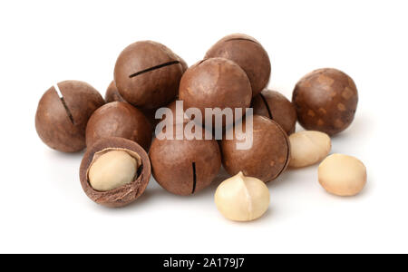 Pile of macadamia nuts isolated on white Stock Photo