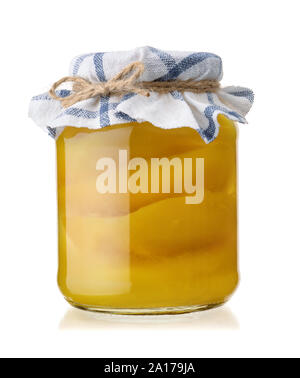 Jar of of sliced mangoes in natural syrup isolated on white Stock Photo