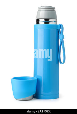 Front view of blue metal thermos flask isolated on white Stock Photo