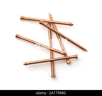 Top view of lost head copper nails isolated on white Stock Photo