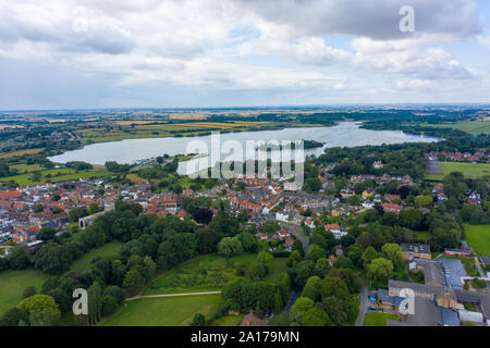 Aerial View of buildings and the mere in the seaside town of Hornsea during Summer of 2019 Stock Photo