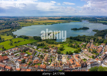 Aerial View of buildings and the mere in the seaside town of Hornsea during Summer of 2019 Stock Photo
