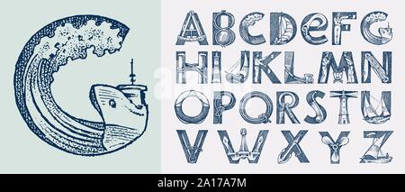 Decorative marine alphabet in ancient style. Waves and the sea in letters. Old Font for labels. Vintage typeface. Editable and layered monogram. Hand Stock Vector