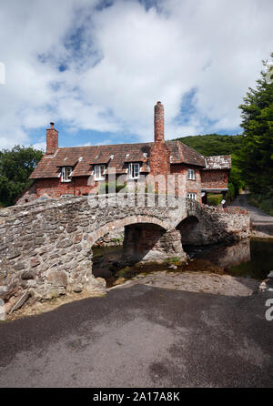 Bridge, ford and cottage at Allerford village. Exmoor National Park. Somerset. UK. Stock Photo