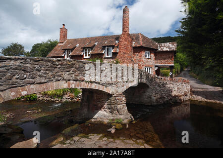 Bridge, ford and cottage at Allerford village. Exmoor National Park. Somerset. UK. Stock Photo