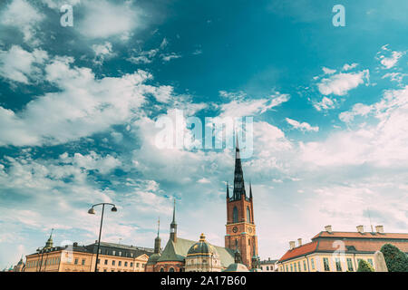 Stockholm, Sweden. View Of Old Town With Tower Of  Riddarholm Church. Oldest Church In Gamla Stan, The Old Town. Stock Photo