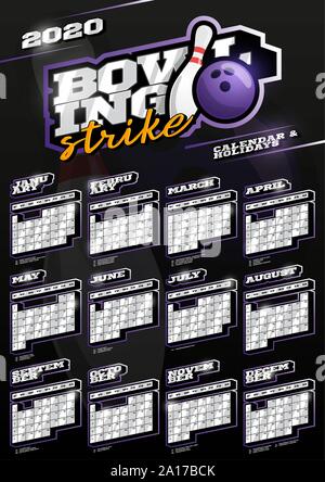 Bowling sport wall vertical calendar for 2020. One page Retro style calendar template with holidays and sport equipment. Black background Stock Vector