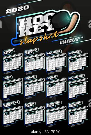 Hockey sport wall vertical calendar for 2020. One page Retro style calendar template with holidays and sport equipment. Black background Stock Vector