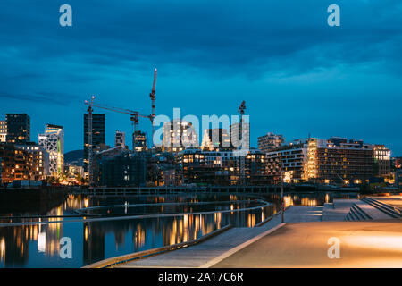 Oslo, Norway - June 25, 2019: Night View Embankment And Residential Multi-storey House On Sorengkaia Street In Gamle Oslo District. Summer Evening. Re Stock Photo