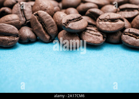 Roasted brown coffee beans on colored blue background with copyspace Stock Photo