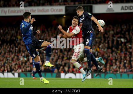 London, UK. 24th Sep, 2019. English Football League Cup, Carabao Cup, Arsenal Football Club versus Nottingham Forest Football Club; Tobias Figueiredo of Nottingham Forest wins a header to clear against Gabriel Martinelli of Arsenal - Strictly Editorial Use Only. No use with unauthorized audio, video, data, fixture lists, club/league logos or 'live' services. Online in-match use limited to 120 images, no video emulation. No use in betting, games or single club/league/player publications Credit: Action Plus Sports Images/Alamy Live News Stock Photo