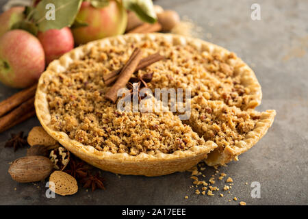 Traditional fall seasonal dessert, apple pie with streusel crumb topping Stock Photo