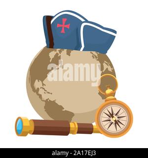 retro world map and compass and telescope navigation Stock Vector