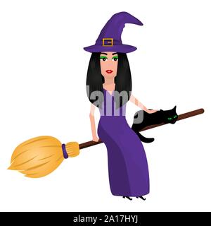 Witch with a cat on a broomstick for Halloween isolated on white Stock Vector