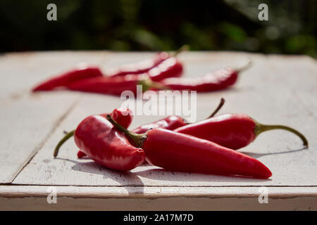 Fresh red chili peppers on an old vintage wooden table, copy space, soft selective focus Stock Photo