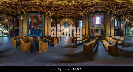 360 degree panoramic view of LVIV, UKRAINE - AUGUST 2019: Full spherical seamless hdri panorama 360 degrees inside interior of old Armenian church in equirectangular projection, V