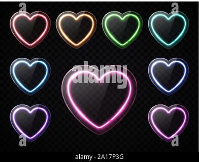 Realistic heart neon signs set on dark transparent background. Light banner. Color line led electric border template for vintage decoration. Valentine Stock Vector