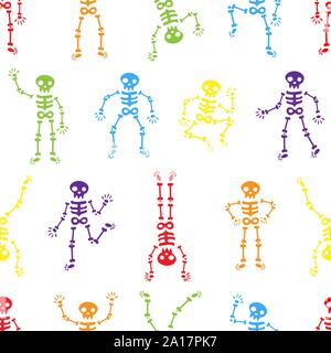Halloween dancing skeletons seamless pattern. Funny colored skeletons on the white background. Happy Halloween. Skeletons dancing at a party. Human sk Stock Vector