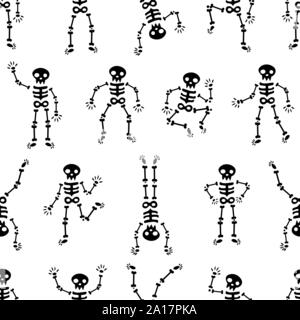 Halloween dancing skeletons seamless pattern. Funny black skeletons on the white background. Happy Halloween. Skeletons dancing at a party. Human skel Stock Vector