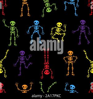 Halloween dancing skeletons seamless pattern. Funny colored skeletons on the black background. Happy Halloween. Skeletons dancing at a party. Human sk Stock Vector